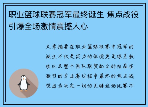 职业篮球联赛冠军最终诞生 焦点战役引爆全场激情震撼人心