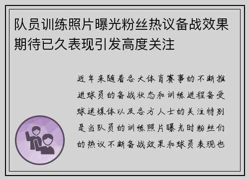 队员训练照片曝光粉丝热议备战效果期待已久表现引发高度关注