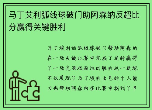 马丁艾利弧线球破门助阿森纳反超比分赢得关键胜利