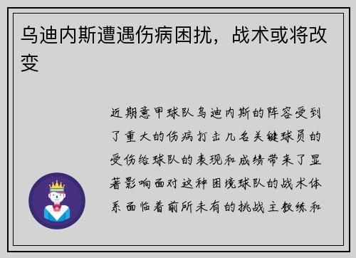 乌迪内斯遭遇伤病困扰，战术或将改变