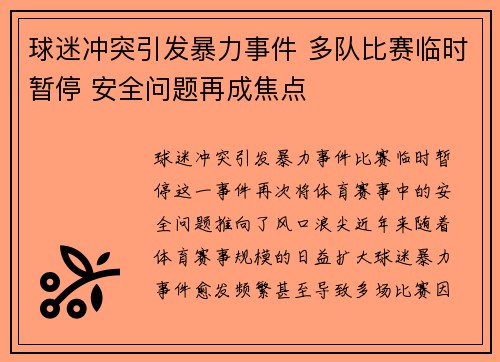 球迷冲突引发暴力事件 多队比赛临时暂停 安全问题再成焦点