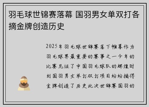 羽毛球世锦赛落幕 国羽男女单双打各摘金牌创造历史