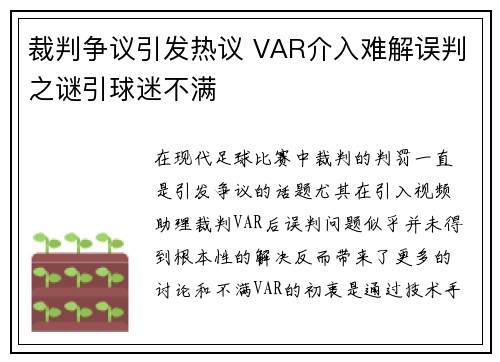 裁判争议引发热议 VAR介入难解误判之谜引球迷不满