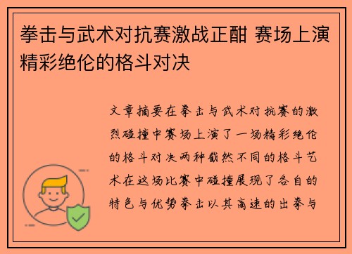 拳击与武术对抗赛激战正酣 赛场上演精彩绝伦的格斗对决