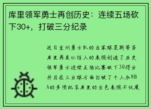 库里领军勇士再创历史：连续五场砍下30+，打破三分纪录